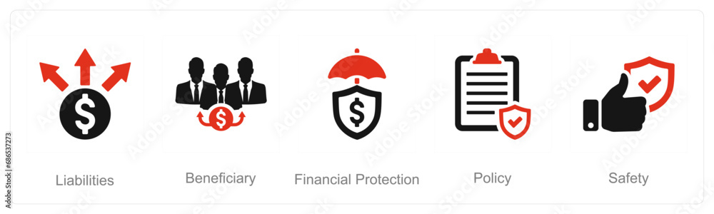 A set of 5 Insurance icons as liabilities, beneficiary, financial protection, policy A set of 5 Insurance icons as liabilities, beneficiary, financial protection, policy