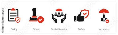 A set of 5 Insurance icons as policy, stamp, social security © popcornarts