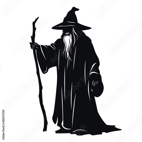 black and white illustration wizard vector