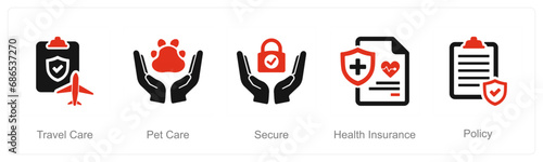 A set of 5 Insurance icons as travel care, pet care, secure