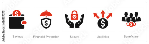 A set of 5 Insurance icons as savings, financial protection, secure