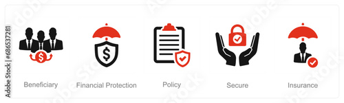 A set of 5 Insurance icons as beneficiary, financial protection, policy