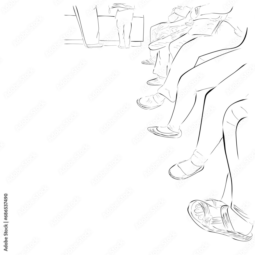 Obraz premium queue people foot, sit and stand, simple hand draw sketch