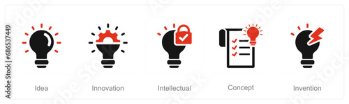 A set of 5 Intellectual Property icons as idea, innovation, intellectual