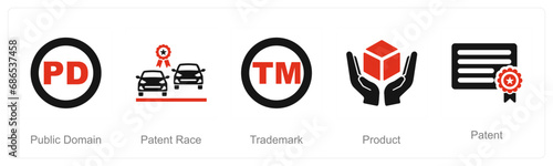 A set of 5 Intellectual Property icons as public domain, patent race, trademark