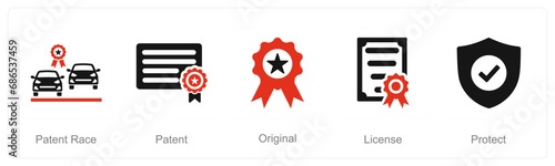 A set of 5 Intellectual Property icons as patent race, patent, original