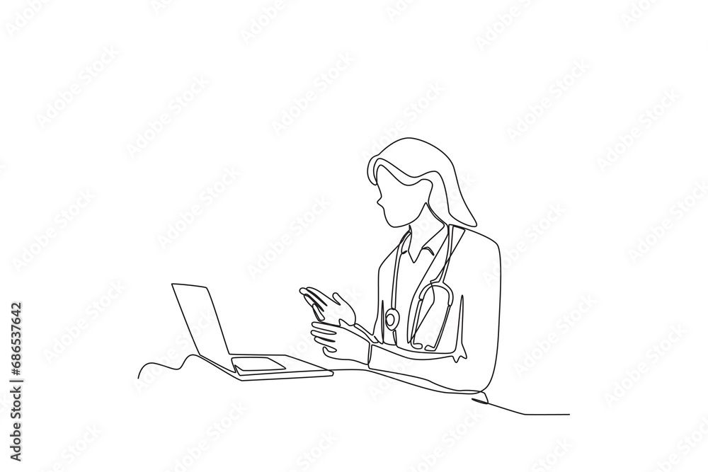 Single one line drawing a Female doctor giving directions to patient virtually. Continuous line draw design graphic vector illustration
