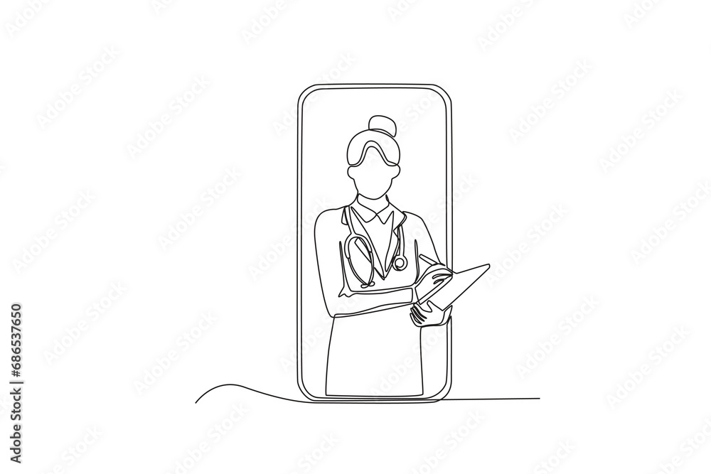 Single one line drawing a Female doctor taking notes on patient complaints virtually. Continuous line draw design graphic vector illustration
