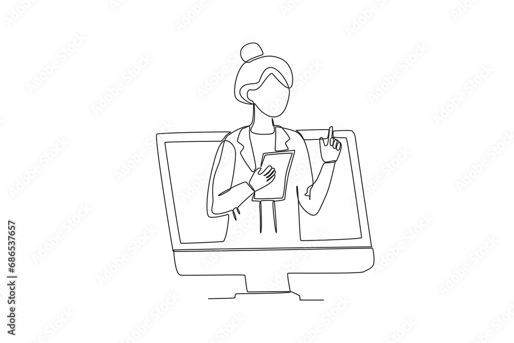 Single one line drawing a Female doctor reading examination results to patient online. Continuous line draw design graphic vector illustration
