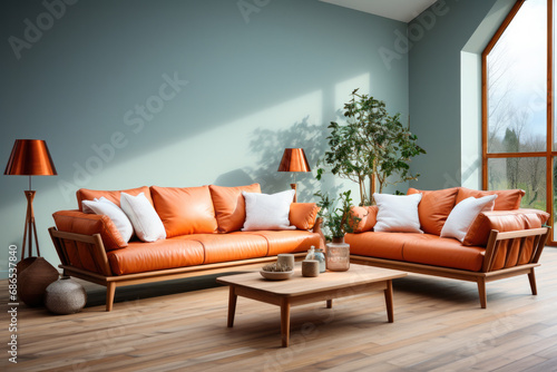 Bright vintage- tyle living room with orange leather sofa and blue walls photo