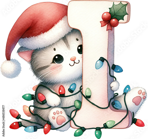 letter I in christmas pet alplabet letter, watercolor cute cat wearing santa hat, character decoration for holiday greeting card photo