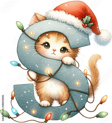 letter S in christmas pet alplabet letter, watercolor cute cat wearing santa hat, character decoration for holiday greeting card photo