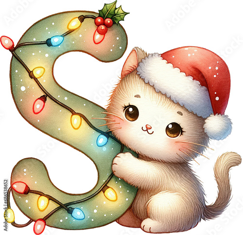 letter S in christmas pet alplabet letter, watercolor cute cat wearing santa hat, character decoration for holiday greeting card photo