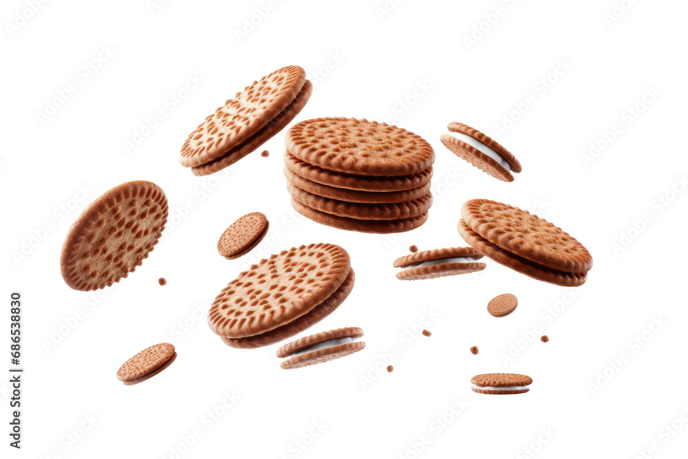 Cookies chocolate falling with choc flake in the air isolated on transparent background, dessert sweet concept, piece of dark biscuit. Cookies chocolate falling with choc flake in the air isolated on transparent background, dessert sweet concept, piece of dark biscuit.