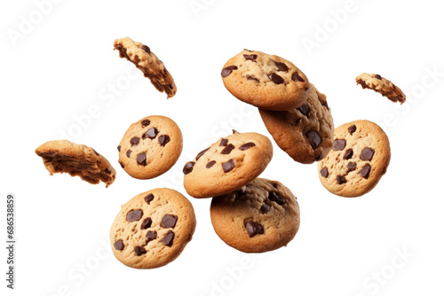 Cookies chocolate falling with choc flake in the air isolated on transparent background, dessert sweet concept, piece of dark biscuit.