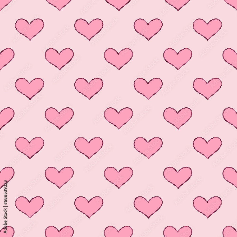 seamless pattern, pink hearts with black border, light pink background, minimalist style