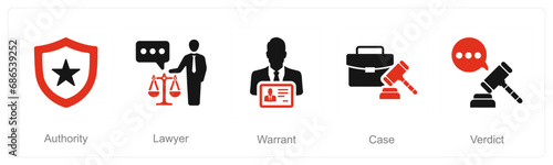 A set of 5 Justice icons as authority, lawyer, warrant