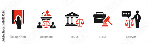 A set of 5 Justice icons as taking oath, judgement, court