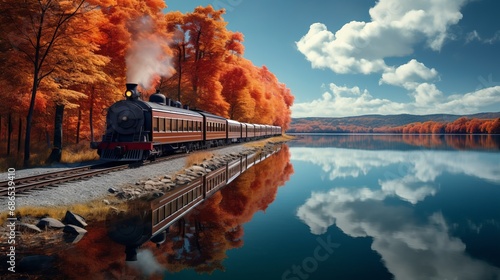 Generative AI image of train travel on the autumn 