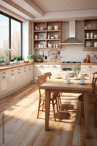 Cozy interior of the kitchen with a large wooden table in a minimalist modern Scandinavian style