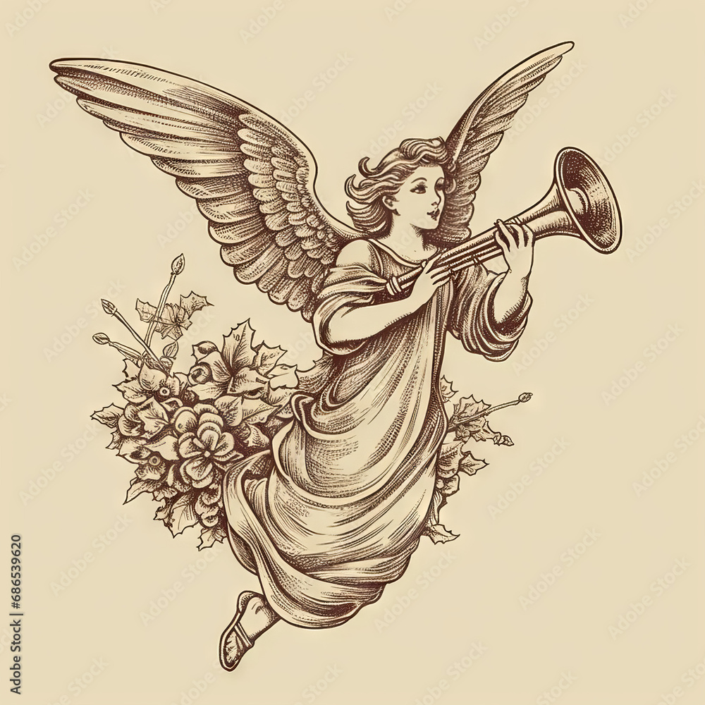 Fototapeta premium Christmas Angel flying and trumpet on pipe. Hand drawn vector illustration in vintage