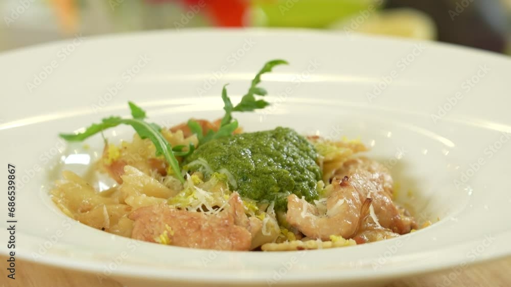 Freshly cooked farfalle pasta with turkey and cheese Freshly cooked farfalle pasta with turkey and cheese