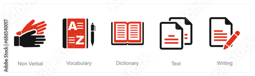 A set of 5 Language icons as non verbal, vocabulary, dictionary