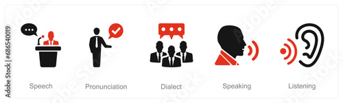 A set of 5 Language icons as speech, pronounciation, dialect