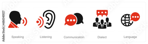 A set of 5 Language icons as speaking, listening, communication