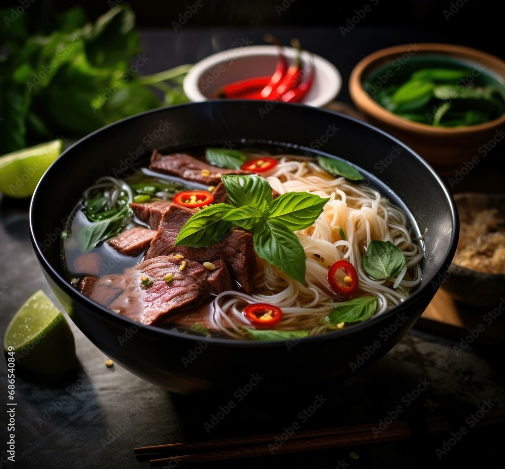 A delicious bowl of Vietnamese pho with meat, vegetables, and herbs. Generative AI.