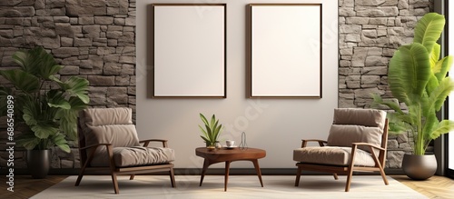 Empty posters on the wall in a modern living room with stylish furniture on a stone floor showcasing contemporary design Rendered in