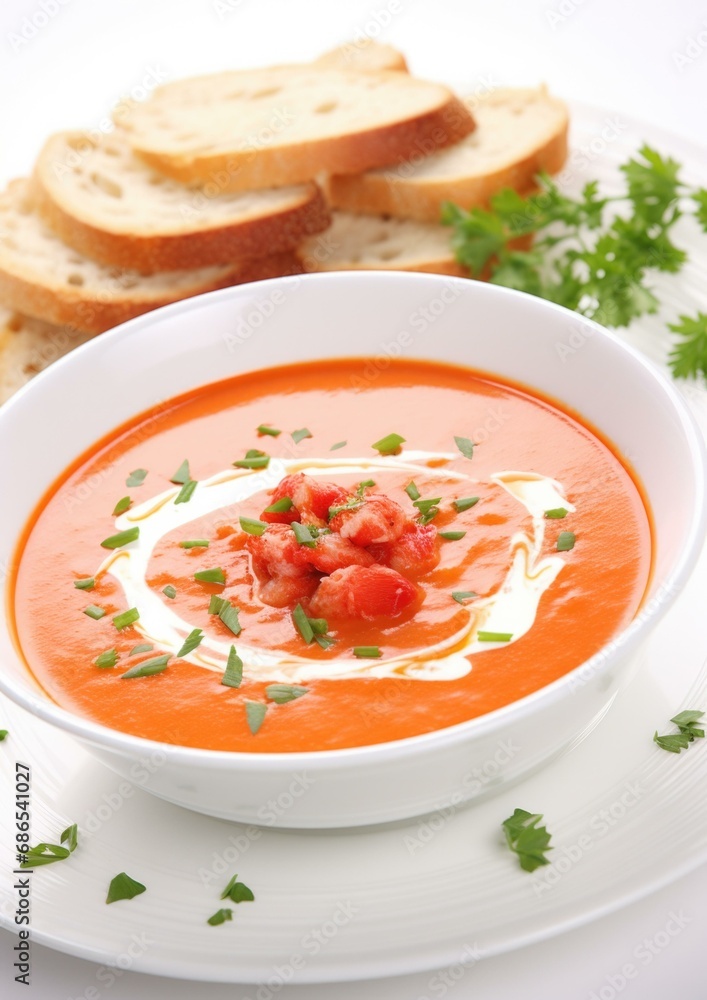 A creamy lobster bisque with chunks of lobster meat, topped with cream and chives, served with buttered toast points. Generative AI. A creamy lobster bisque with chunks of lobster meat, topped with cream and chives, served with buttered toast points. Generative AI.