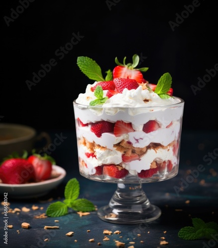 A delectable strawberry trifle with whipped cream and fresh strawberries, served on a dark background. Generative AI.