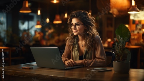 Confident young woman in glasses siting at desk at cafe, remote working. Blonde Caucasian girl smiles waiting request after sending resume to get new job. Purposeful people, students life.