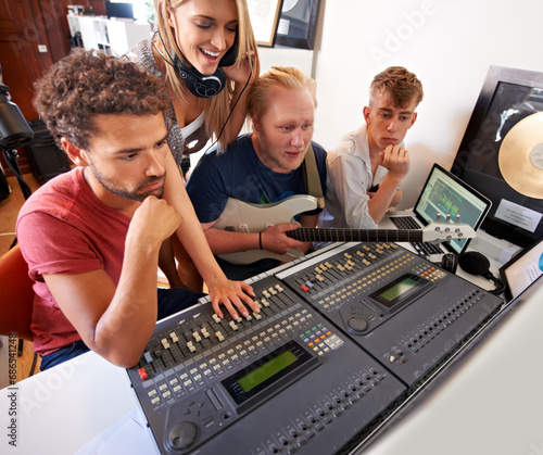 Recording studio  music and people with producer for band songs  track and audio with musical instruments. Technology  soundboard and men and women with sound engineer or technician to record media
