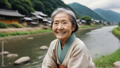川沿いで微笑む老女。日本、アジア