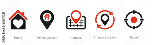 A set of 5 Location icons as home, home location, address
