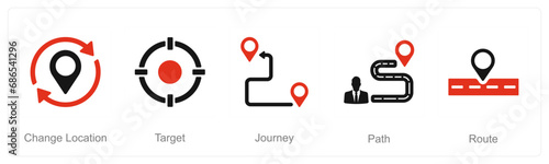 A set of 5 Location icons as change location, target, journey