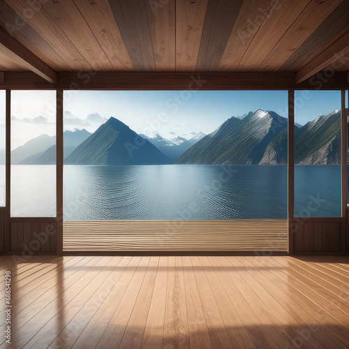 Wooden floor with copyspace against sea and green hills. Planked wooden twxture and landscape photo