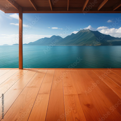 Wooden table with copyspace against sea and green hills. Planked wooden twxture and landscape photo