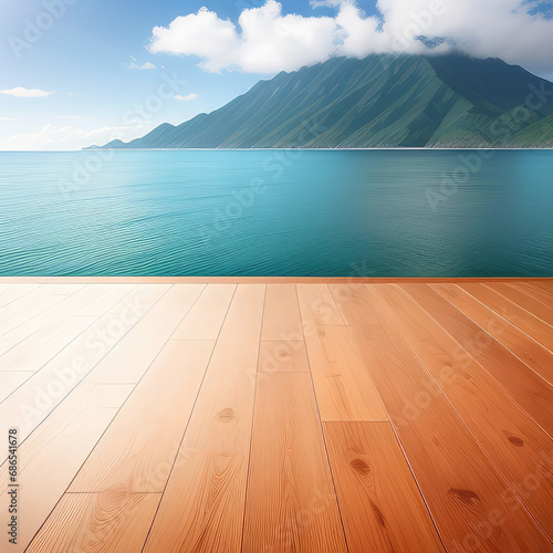 Wooden table with copyspace against sea and green hills. Planked wooden twxture and landscape photo