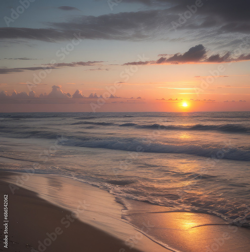 Beautiful ocean shore landscape with sand beach in sunset   © Михаил Таратонов