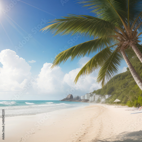 Paradise island with ocean sand beach and palms