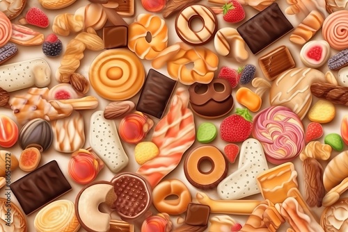 Seamless pattern featuring various types of sweets and desserts, creating a delightful and tempting visual arrangement. Candy, cakes, pastries, and treats form a colorful and appetizing repeat design.