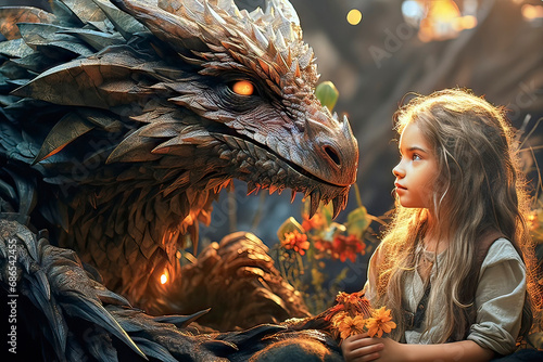 Close-up of a Little Girl Presenting a Bouquet of Wildflowers to a Large Scaly Dragon