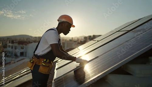 A handyman installing solar panels on the rooftop