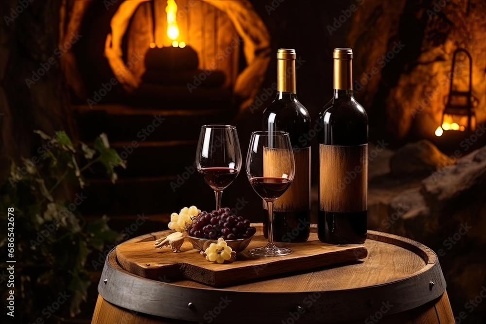 Rustic wine cellar, wine bottle mock up, label without text, glasses, fruits in a cozy atmosphere Rustic wine cellar, wine bottle mock up, label without text, glasses, fruits in a cozy atmosphere
