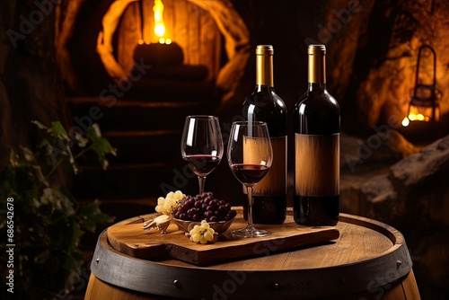 Rustic wine cellar, wine bottle mock up, label without text, glasses, fruits in a cozy atmosphere