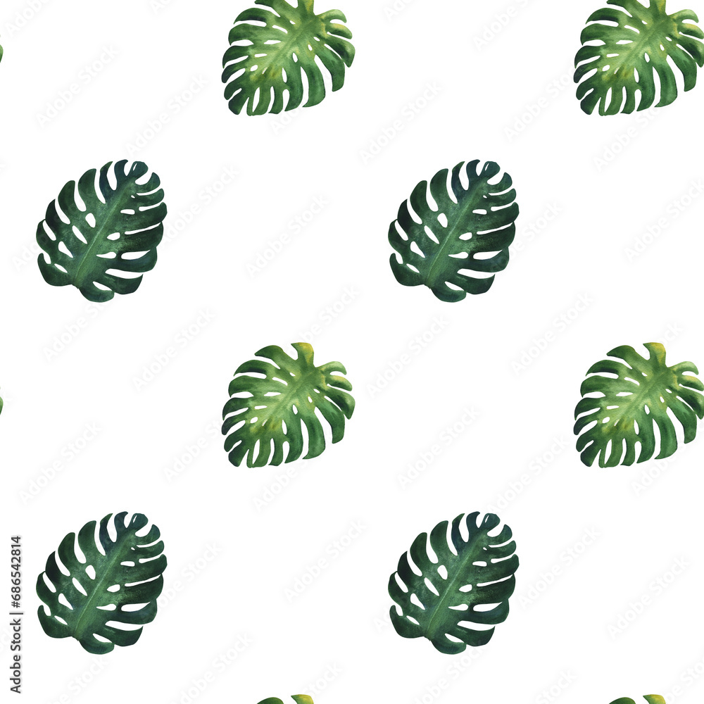 Watercolor illustration of tropical mostera leaves. Seamless pattern for children's wallpaper. Green tropical plants, hand drawn, isolated