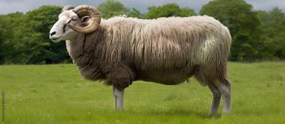 Obraz premium Bluefaced Leicester ram, shorn fleece, grazing on green grass. Facing right. Horizontal. Copy space.